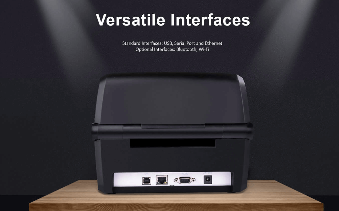 Back view of a バーコードプリンター showing multiple interface ports like USB, Serial, and Ethernet.