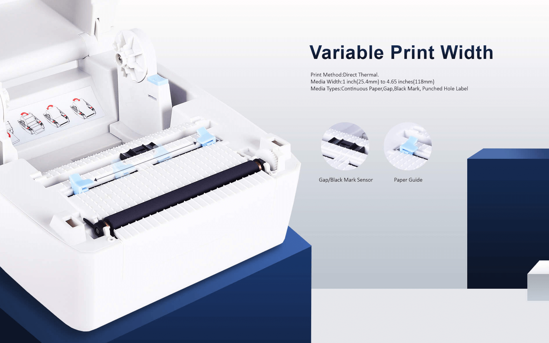 An open バーコードプリンター showing its internal components like the paper guide and sensor.